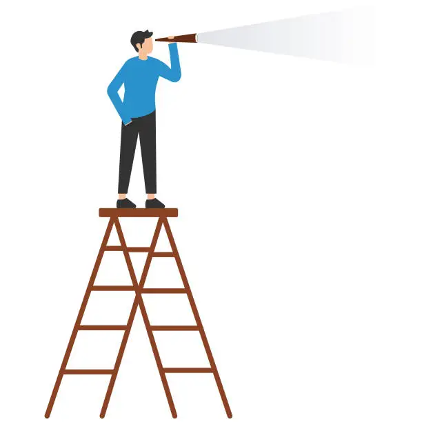 Vector illustration of Success ladder for business opportunity, Looking for a new job or career path, Leadership discovery or searching for success, Climb up ladder look through telescope visionary