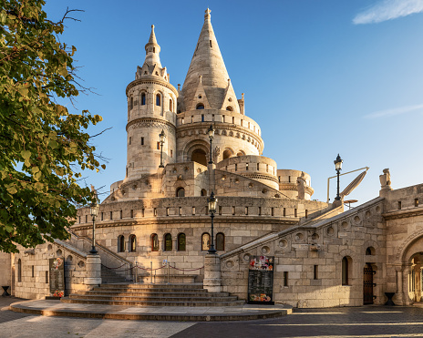 Fisherman's Bastion is the panoramic viewing terrace with fairy tale towers in Budapest. The pic was taken by myself at the sunrise in Autumn, when the crew of tourists wasn´t there yet