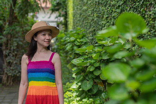 Asian chinese female travel to bali accommodation at villa walk around