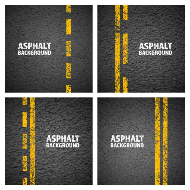 asphalt road with yellow cracked lane marking, concrete highway surface, texture. street traffic line, road dividing strip. pattern with grainy structure, grunge stone background. vector illustration - stone asphalt road dirty stock-grafiken, -clipart, -cartoons und -symbole