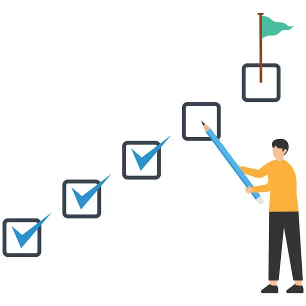 Vector illustration of Project tracking, goal tracker, task completion or checklist to remind project progress, Manager holding pencil to check completed tasks, Project management timeline.