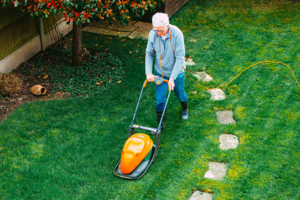 istock High angle view of man mowing lawn in back garden 2101532890