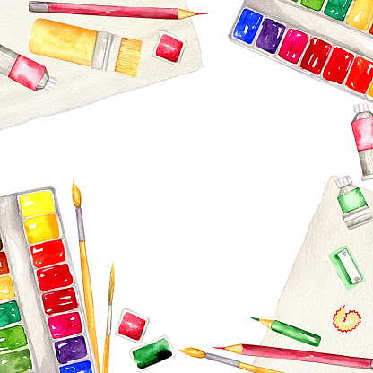 Set of watercolor paints with brushes, pencil, red sketchbook and tube, hand drawn illustrations isolated on white. Drawing accessories in bright sketch style for art school, artist logo and hobby design