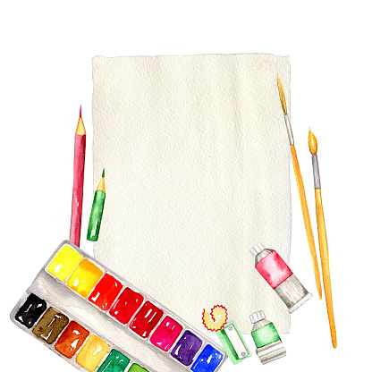 Set of watercolor paints with brushes, pencil, sheet of drawing paper and tubes, hand drawn illustrations isolated on white. Drawing accessories in bright sketch style for art school, artist logo and hobby design