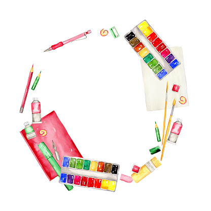 Set in the form of a wreath of watercolor paints with brushes, pencil, red sketchbook and tube, hand drawn illustrations isolated on white. Drawing accessories in bright sketch style for art school, artist logo and hobby design