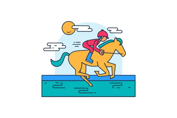 Vector illustration of Rider Athlete Races On Horseback Along Hippodrome