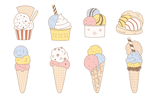 Set of different kinds of ice cream in retro style. Hand drawn food illustration