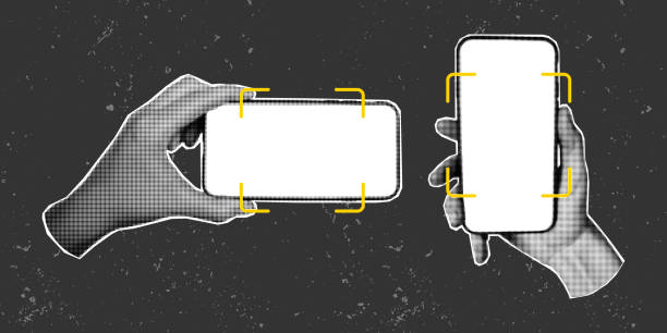 Set of retro halftone collages of a hands with a phone. Scrolling, social networks, vector image on a textured grunge gritty background. Place for QR code and yellow frame, scan.