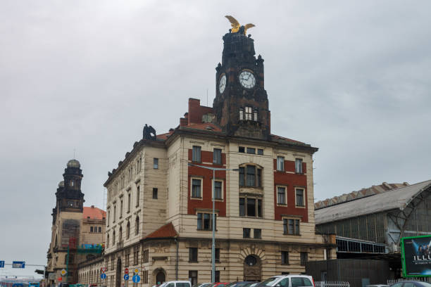 Prague Main station clock tower, Czech Republic.