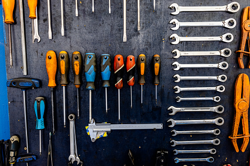 Repair tools and construction tools. Working tools on wooden background.