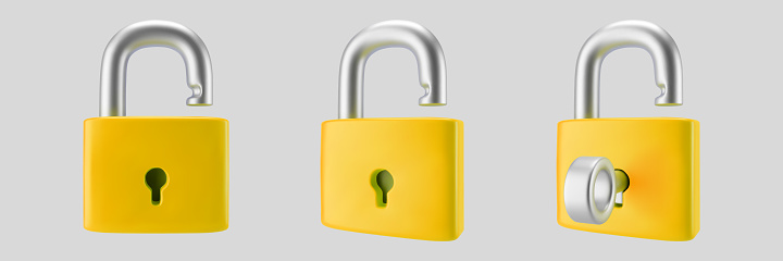 3d yellow unlocked padlock icon set with key isolated on gray background. Render minimal open padlock with a keyhole. Confidentiality and security concept. 3d cartoon simple vector illustration.