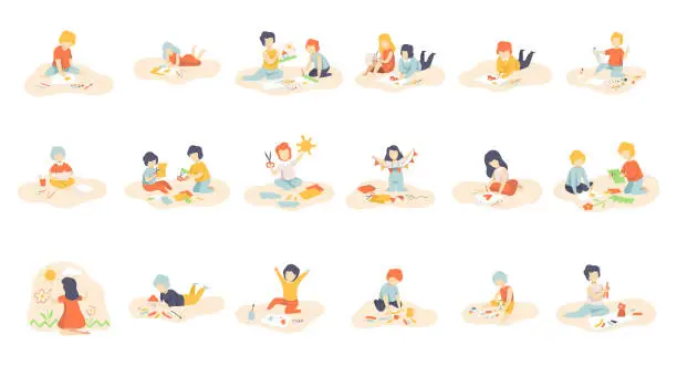 Vector illustration of Little Boys and Girls Sitting on Floor Painting, Cutting with Scissors, Drawing with Pencils, Modelling from Plasticine Vector Set