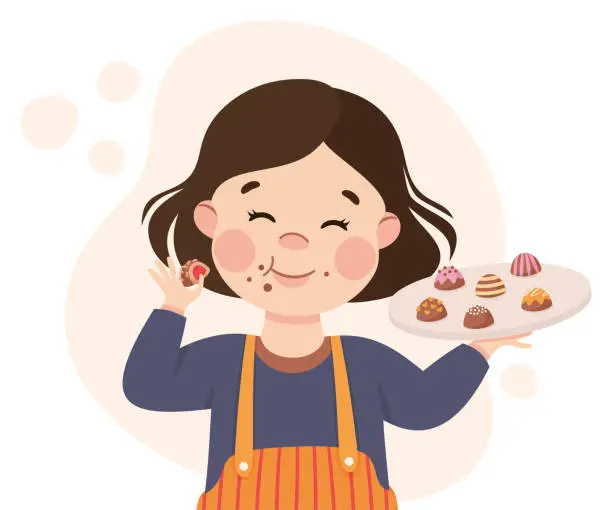 Vector illustration of Cute little girl eating chocolate candies. Happy kid eating tasty sweet dessert cartoon vector illustration