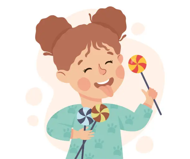 Vector illustration of Cute little girl eating chocolate lollipops. Happy kid eating tasty sweet dessert cartoon vector illustration