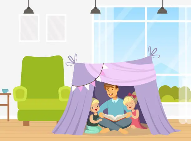 Vector illustration of Cute Boy and Girl Sitting in Tent with Dad and Reading Book Vector Illustration