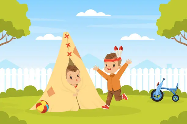 Vector illustration of Cute Boy Playing Indian in the Yard with Tent Having Fun Vector Illustration