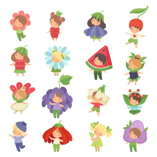 Vector illustration of Cute Little Kids Wearing Fruit and Flower Costume Big Vector Set