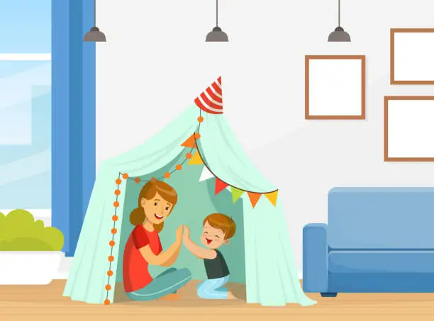 Vector illustration of Cute Mom with Son Playing Patty-cake Sitting in Tent Having Fun Vector Illustration