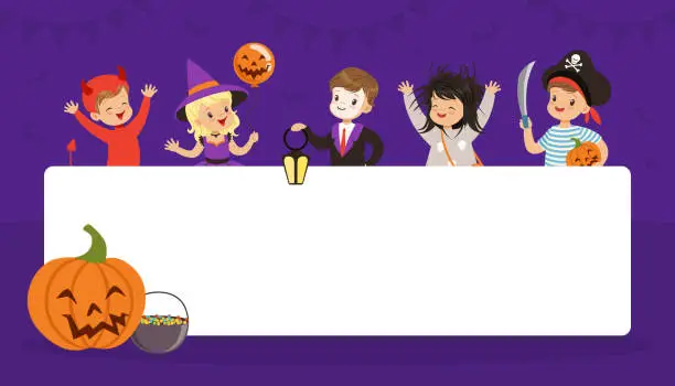 Vector illustration of Funny Boy and Girl Dressed in Halloween Costume Near Rectangular White Space Vector Illustration