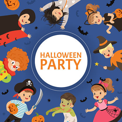 Funny Boy and Girl Dressed in Halloween Costume with Round Frame and Text Card Vector Template. Happy Little Kid in Carnival Clothing Celebrating Party and Spooky Holiday
