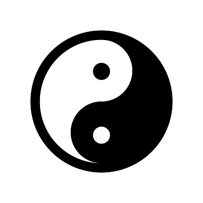 Yin yang harmony mystical religious symbol. Spiritual meditation sign of traditional culture of worship and veneration. Simple black and white vector isolated on white background