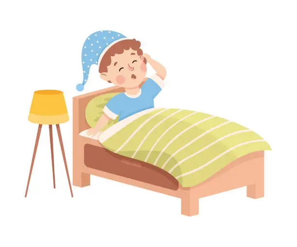 Vector illustration of Little Boy Yawning in His Bed Under Blanket Having Night Rest Vector Illustration