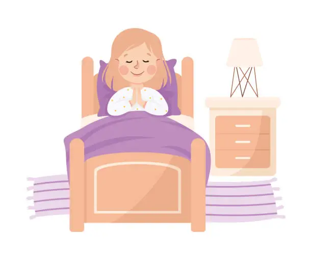 Vector illustration of Little Girl Praying in Her Bed Under Blanket Before Night Rest Vector Illustration