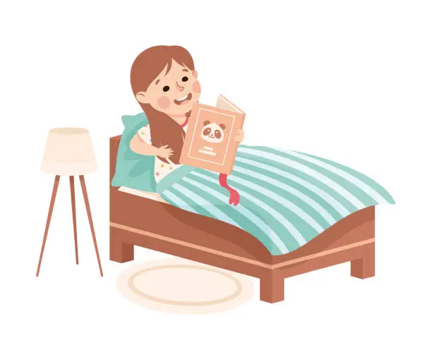 Vector illustration of Little Girl in Her Bed Reading Book Under Blanket Having Night Rest Vector Illustration