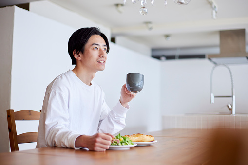 Young Japanese man eating breakfast in the living room