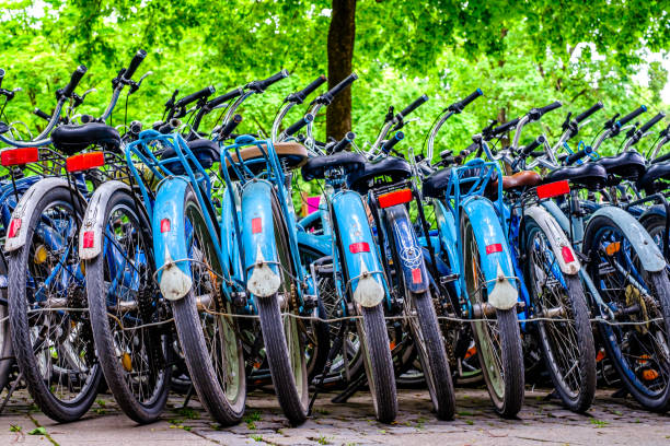 Munich, Germany - May 23: group of bicycles at a street in the old town of munich on May 23, 2023