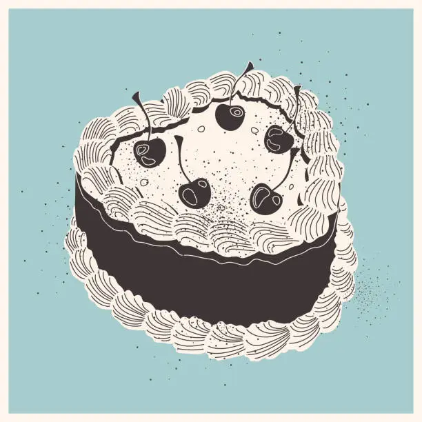 Vector illustration of Black cake with cherries and white cream in retro style. Cake. Birthday cake. Retro cake with cherries. Greeting card. Baked goods and sweets. Confectionery product