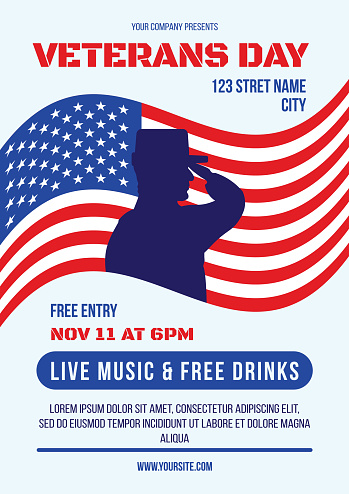Silhouette of military man giving military salute at parade dedicated to Veterans Day and festive tag. A4 Holiday Party Poster Invitation with outline of soldier. Vector template for printing
