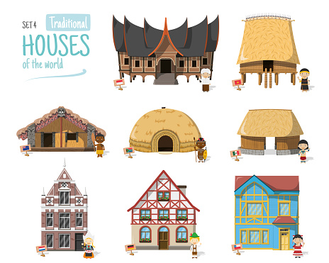 Vector illustration Set 4 of Traditional Houses of the World in cartoon style isolated on white background