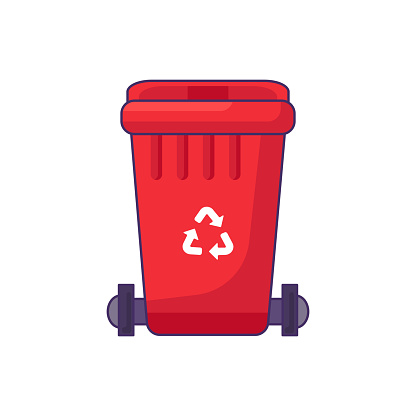 Transportable container with closed lid for storing, recycling and sorting used household hazardous waste. Closed empty and filled trash can with recycle sign. Stroked cartoon outline vector