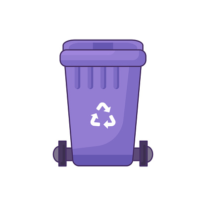 Transportable container with closed lid for storing, recycling and sorting used household electronic waste. Closed empty and filled trash can with recycle sign. Stroked cartoon outline vector