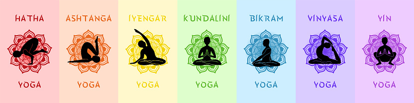 Enrich your next design with this 7 Yoga Styles Rainbow Set. Each showcases a unique vibrant mandala design, representing hatha, ashtanga, iyengar, kundalini, and more. Perfect for digital, events.