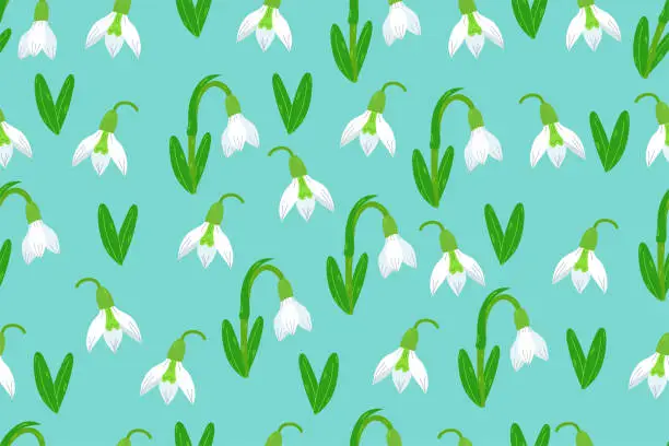 Vector illustration of Snowdrops seamless pattern.  Repeated texture in doodle style for fabric, wrapping paper, wallpaper, tissue. Vector illustration.The first snowdrops Galanthus isolated on blue background.