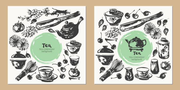 ilustraciones, imágenes clip art, dibujos animados e iconos de stock de boceto de tinta dibujado a mano de tetera, tazas, hojas, cuchara de estilo asiático tradicional - green tea cherry blossom china cup