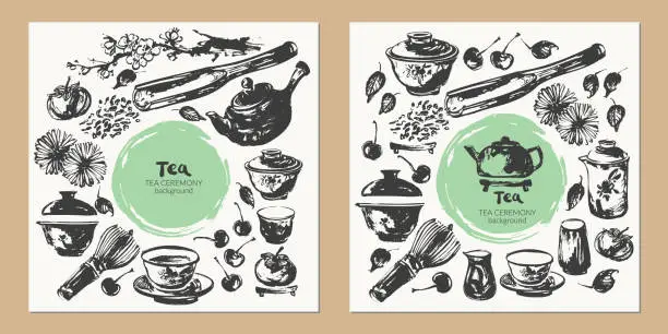Vector illustration of Hand drawn ink sketch of teapot, cups, leaves, scoop traditional asian style