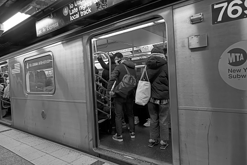 Manhattan, New York, USA - March 2024. Subway car in a station at Bowling Green, New York City, USA.