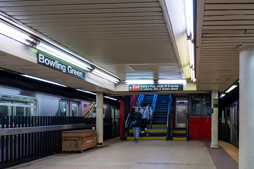 Manhattan, New York, USA - March 2024. Subway platform in a station at Bowling Green, New York City, USA.