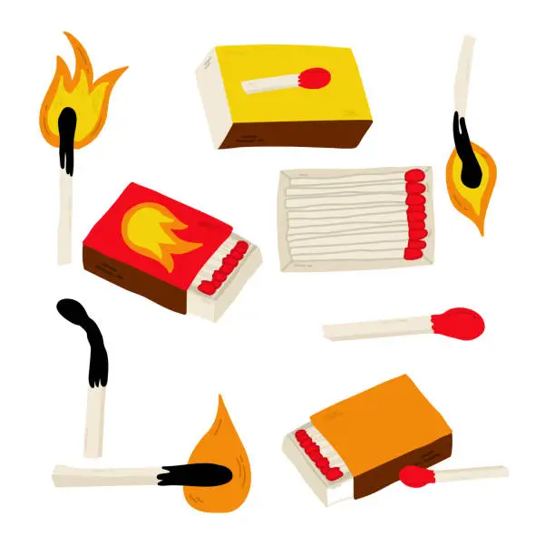 Vector illustration of Matches. Vector illustration cartoon style isolated on white background.  Red-tipped matches. Matches big set. Burning match with fire, opened matchbox, charcoal. Lights.