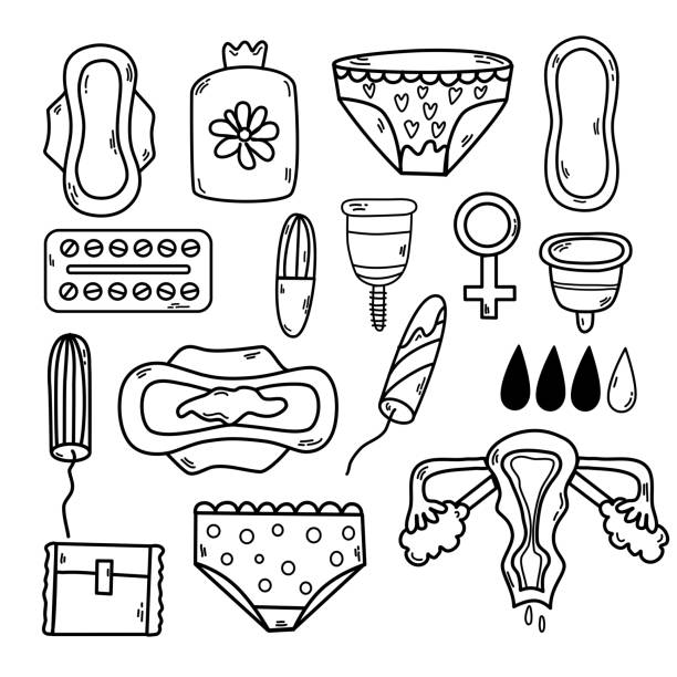 ilustrações de stock, clip art, desenhos animados e ícones de menstruation hygiene tools. female menstrual period protection vector illustration cute set. sex education set of elements in doodle style. - menstruation tampon gynecological examination sex