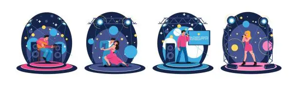 Vector illustration of Musicians at stage. Sing show. Talent dance performance. Singer man with microphone in karaoke. Song festival. Woman music performer. Dancers couple. Vector cartoon artist characters set