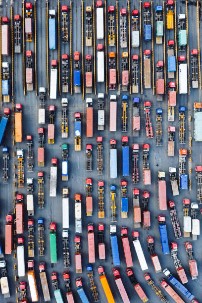 T/L Aerial View of Trucks Entering Container Terminal