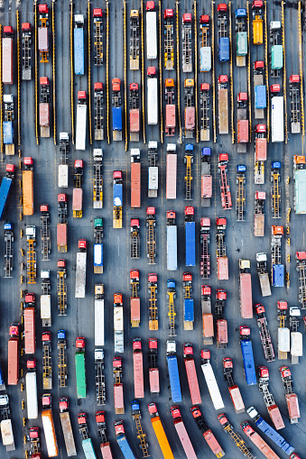 Aerial View of Trucks Entering Container Terminal