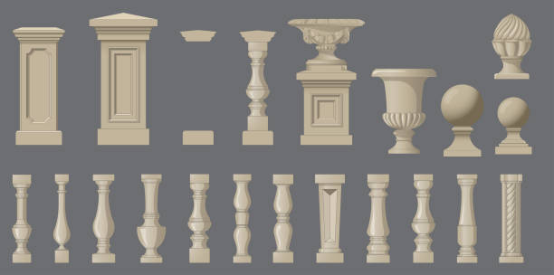 ilustrações de stock, clip art, desenhos animados e ícones de set of random style balusters with stands - ceramics column garden pot ceramic