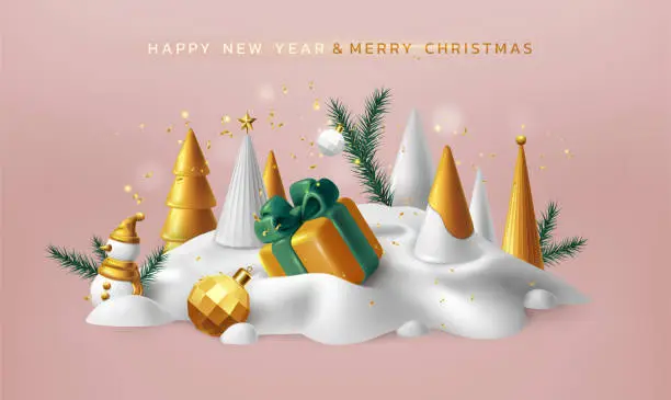 Vector illustration of 3D New Year background. Merry Christmas fir tree. Gift box. Winter celebration. Xmas balls. Holiday presents. Golden confetti and snowdrift. Festive render elements. Vector exact banner