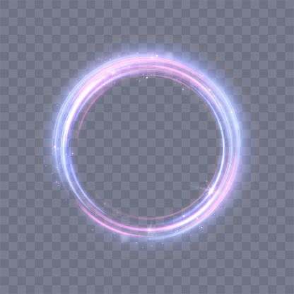 Abstract neon blue purple circle frame. A bright train of luminous rays. Blue-violet frame ring curve light effect. Vector