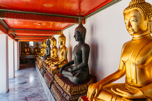 The sitting buddha statues inside of Wat Pho (Temple of the Reclining Buddha) in Bangkok in Thailand.